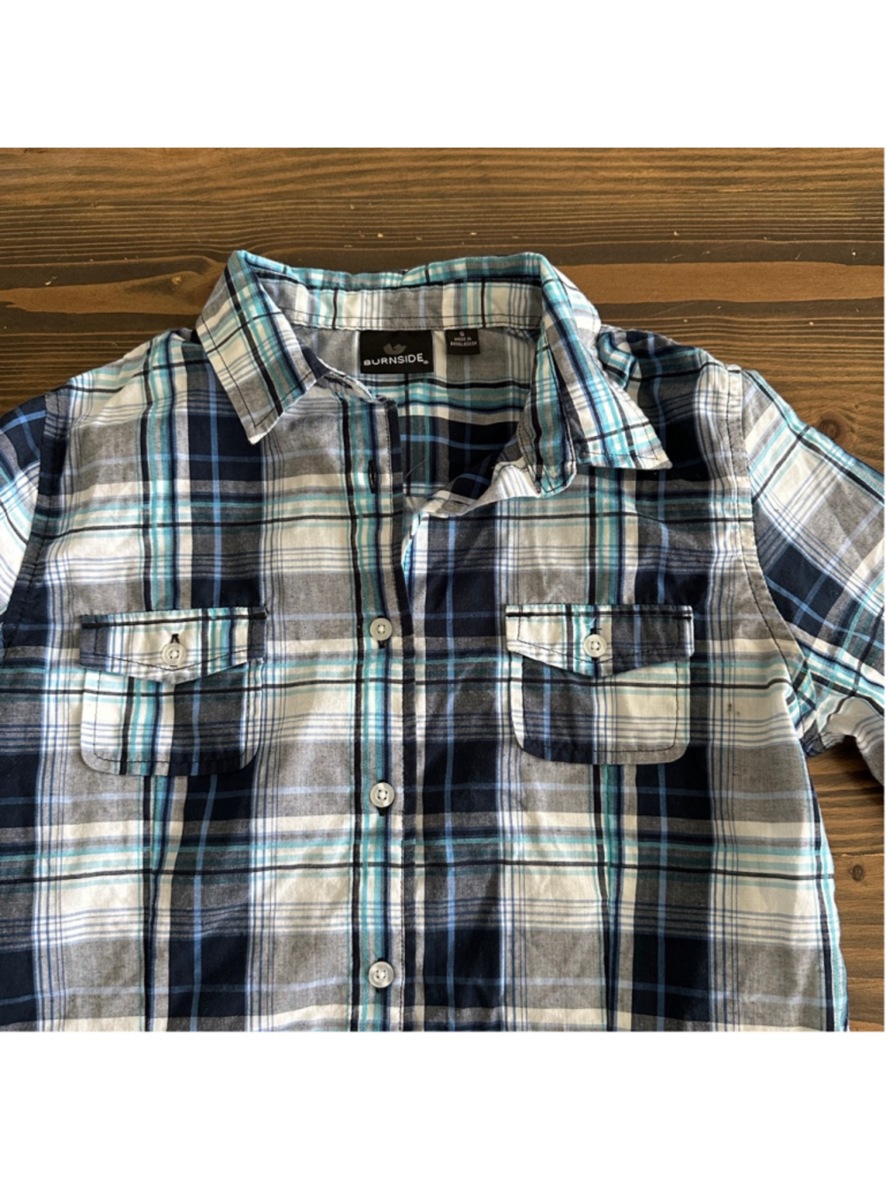 Burnside Button Down Shirt Mens Small Blue Plaid Long Sleeve Cotton Blend